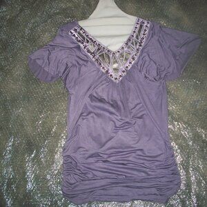 womans dusty lilac embellished blouse.flutter sleeves.size large
